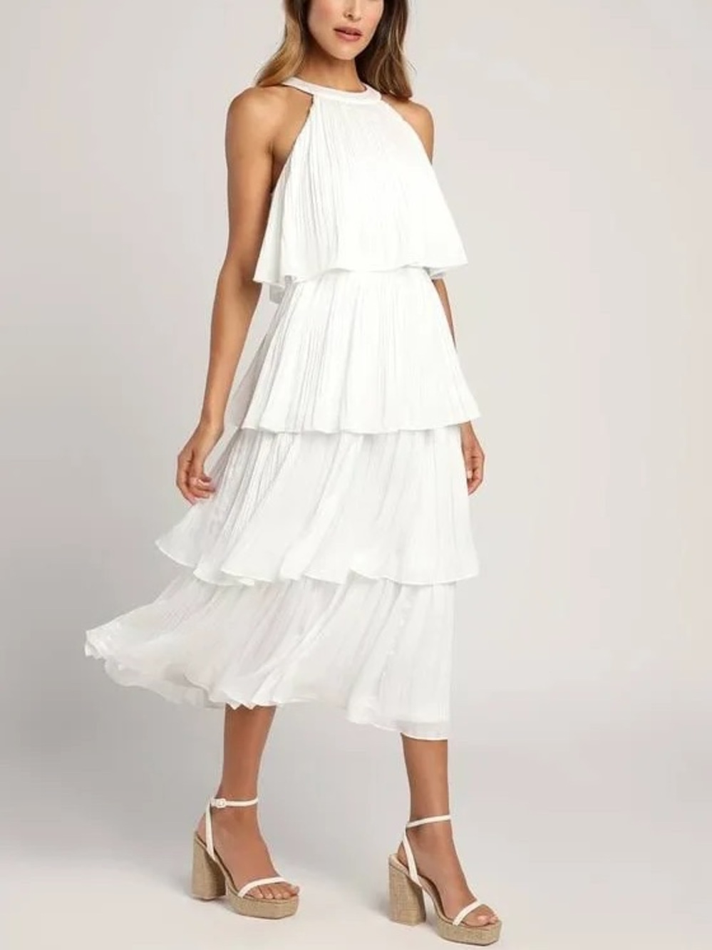Lulus Tier & Far White Tiered Pleated Halter Midi Dress Size S